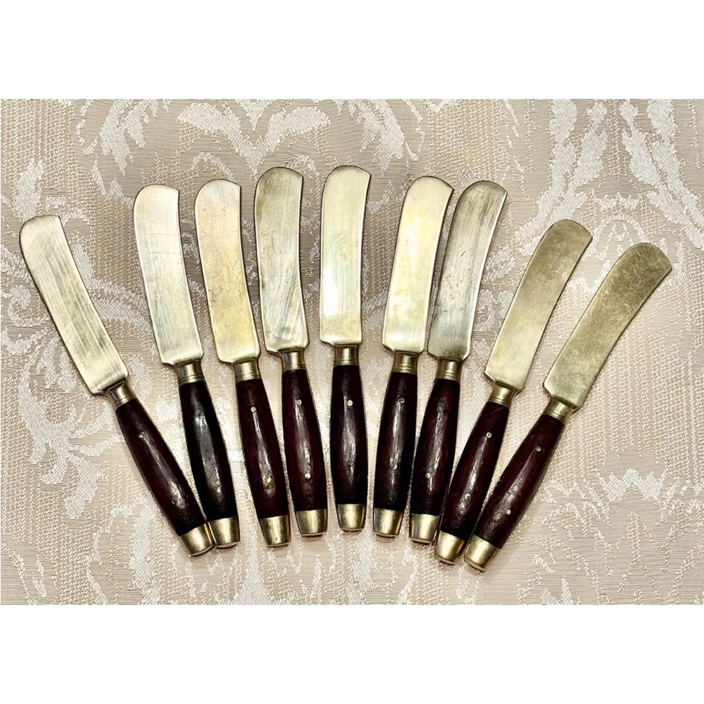 MCM Thai Rosewood Handle Brass Silverware Flatware - Butter Spreader - Set of 9